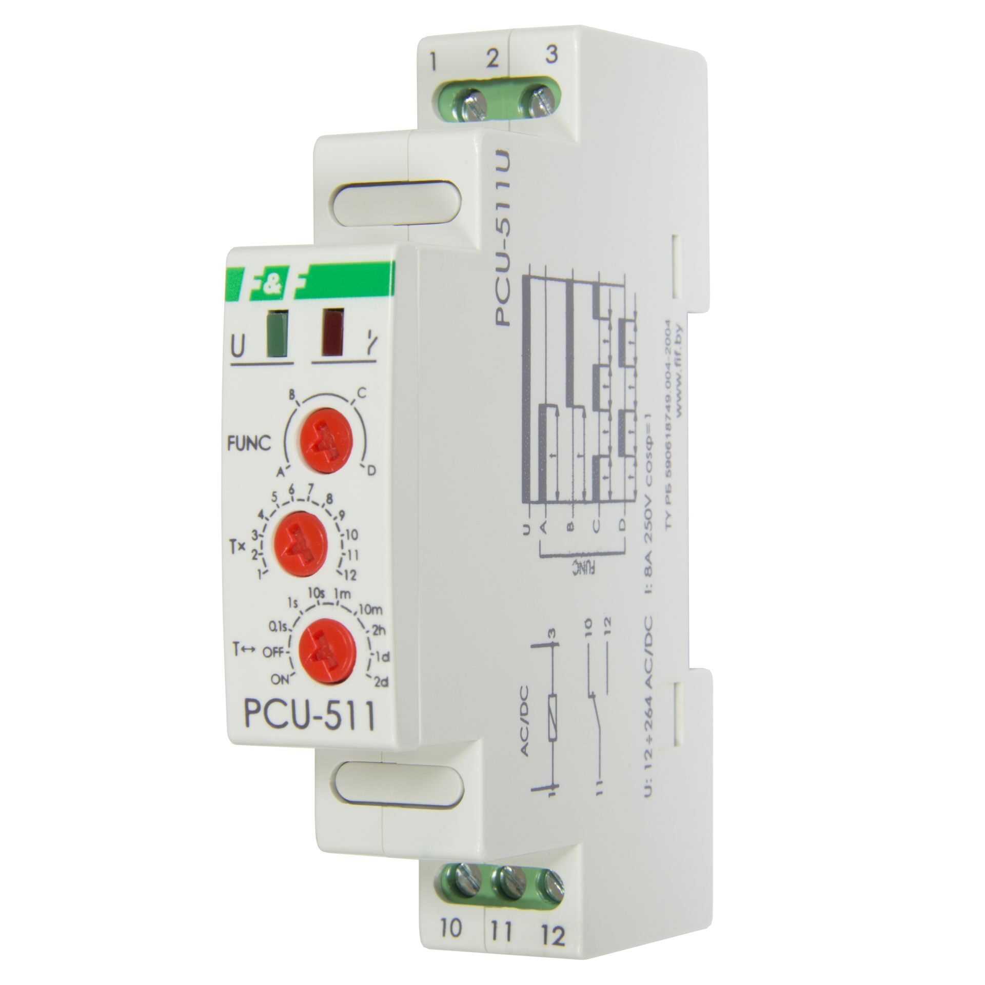 PCU-511U, Реле времени многофункциональное, монтаж на DIN-рейке 35 мм, 12-264В AC/DC, 10А