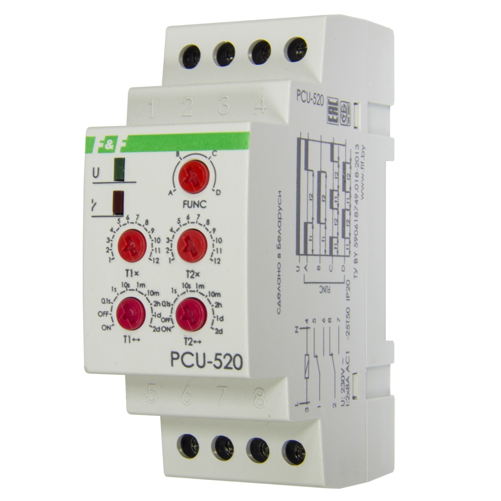 PCU-520, Реле времени многофункциональное, с 2 независимыми выдержками времени,  2х8А 220В